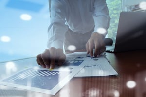 Double exposure of businessman hand working with new modern computer and business strategy as concept-1