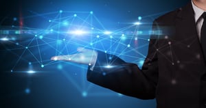 Handsome person holding hologram screen displaying modern cloud based web system technology