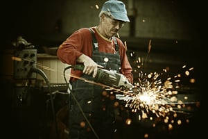 Industrial worker cutting and welding metal with many sharp sparks-2